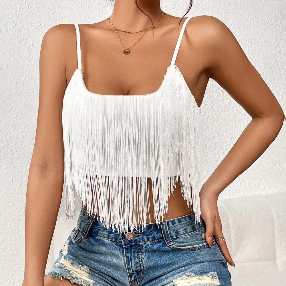 White Boho Womens Fringe Trim Cami Top - Picture 5 of 5